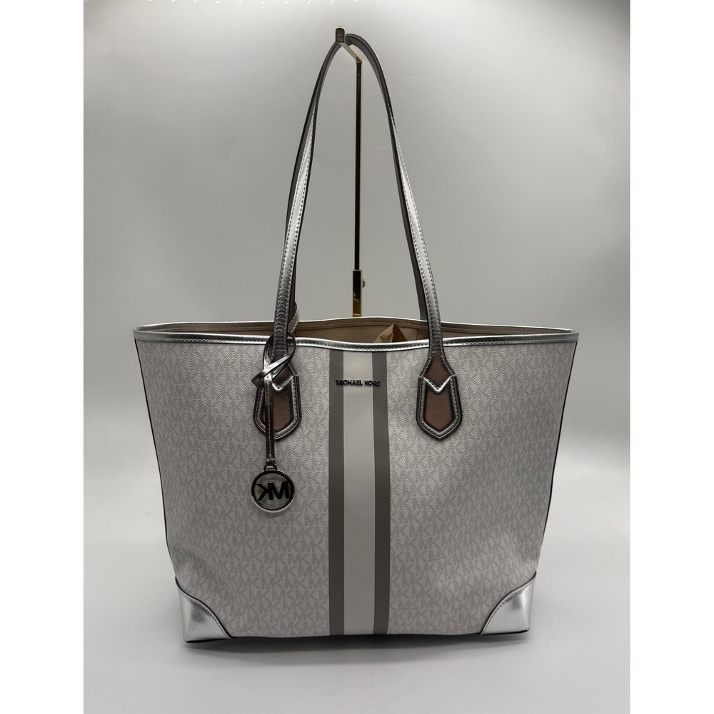 Michael Kors Eva Large Metallic Logo Stripe‎ Tote in Optic White - Picture 4 of 9